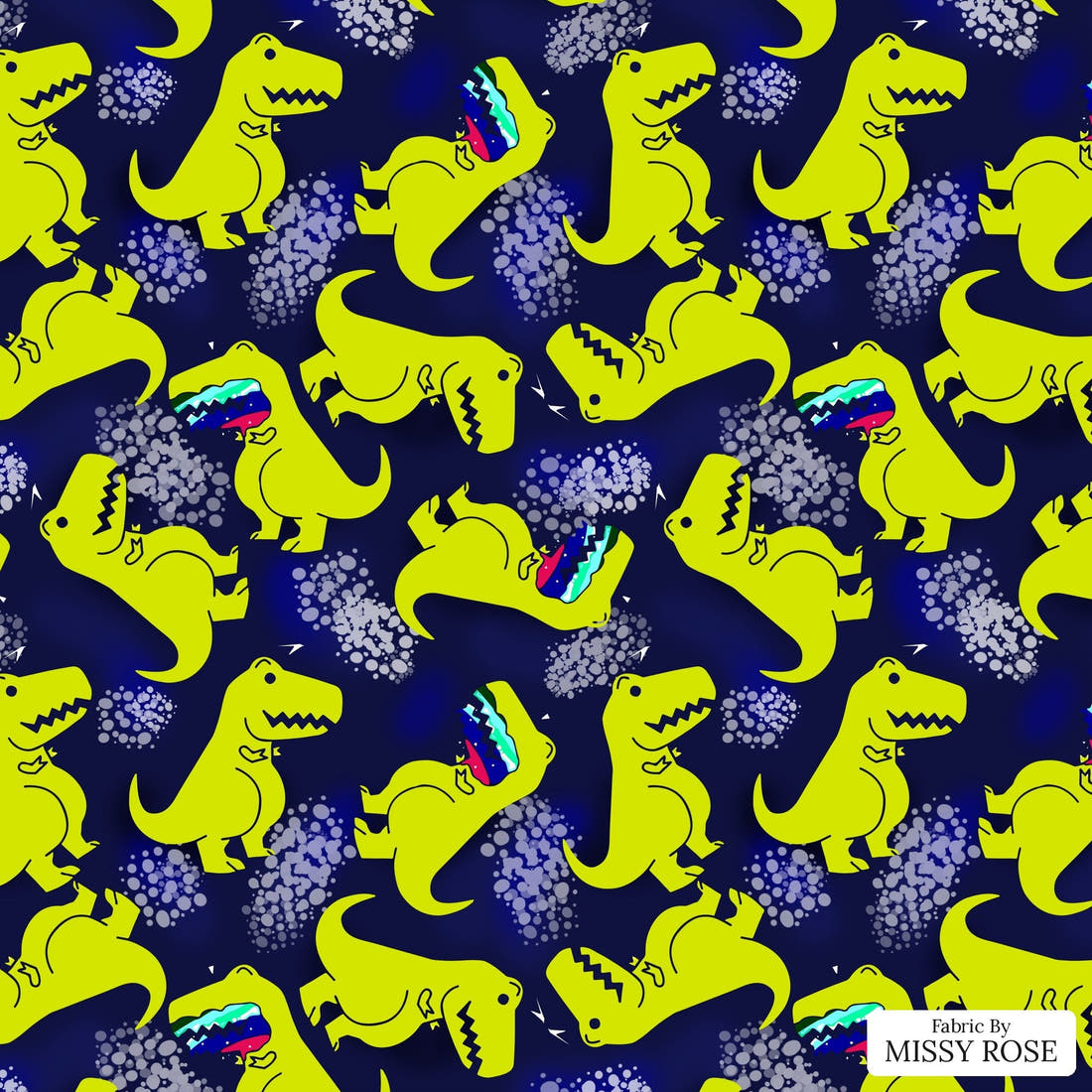 Design 1003 Navy Dinosaur Fabric – flat view of the print, zoom in for detail | Fabric by Missy Rose