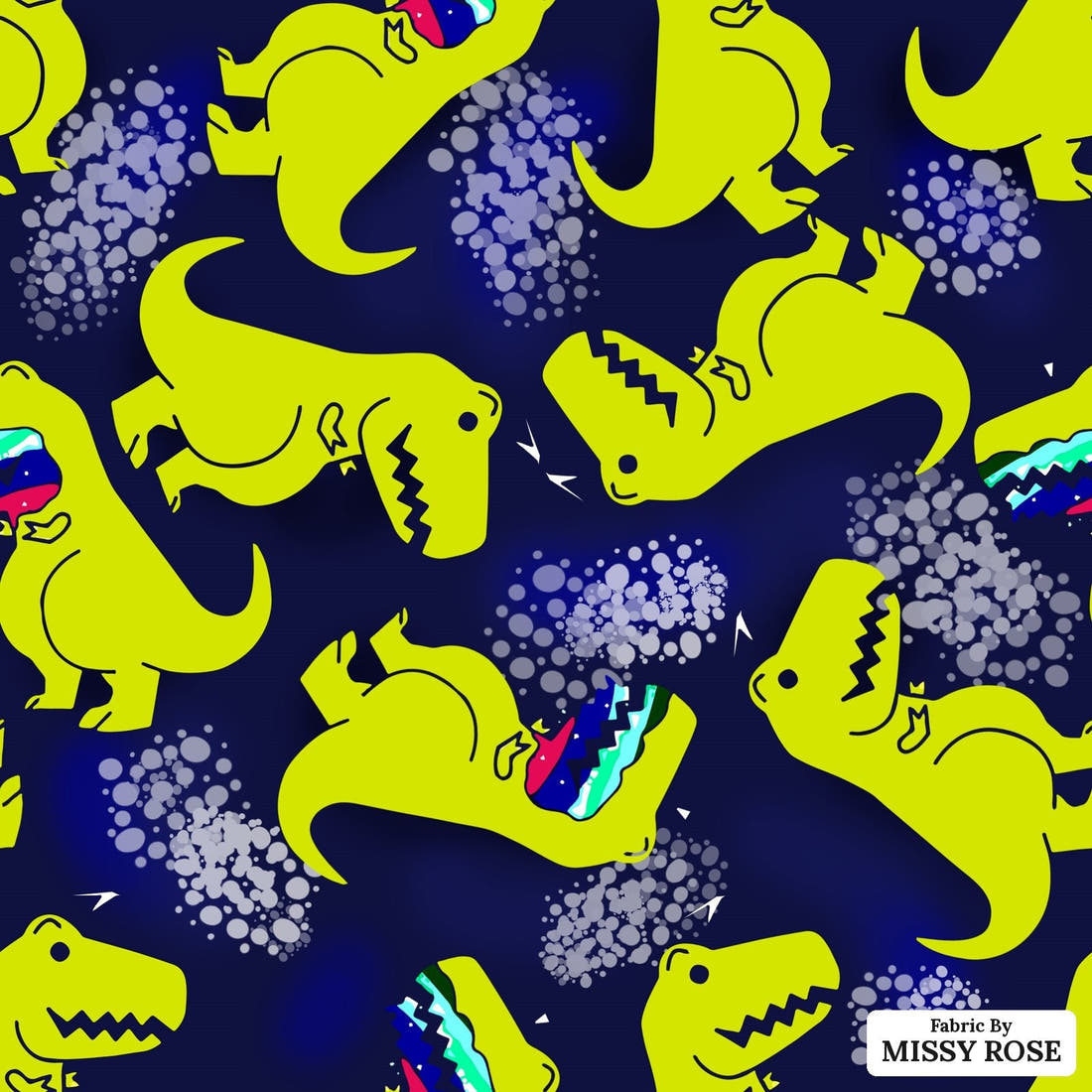 Design 1003 Navy Dinosaur Fabric – flat view of the print, zoom in for detail | Fabric by Missy Rose