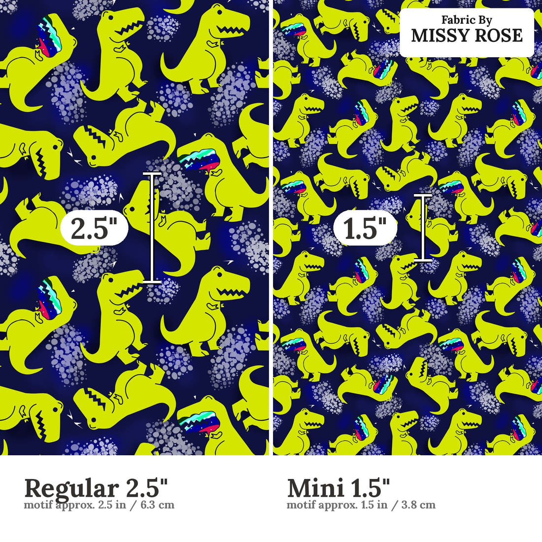 Design 1003 Navy Dinosaur Fabric Regular 2.5 inch vs Mini 1.5 inch print scale side by side | Fabric by Missy Rose