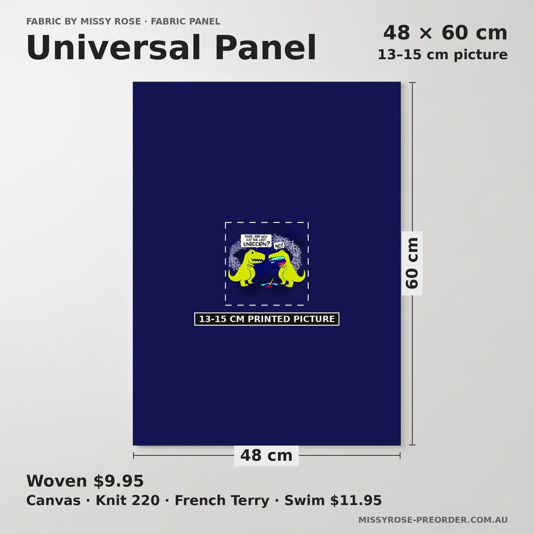 Design 1003 Navy Dinosaur Panel universal panel sizing – 13–15 cm printed picture on 48 × 60 cm fabric | Fabric by Missy Rose