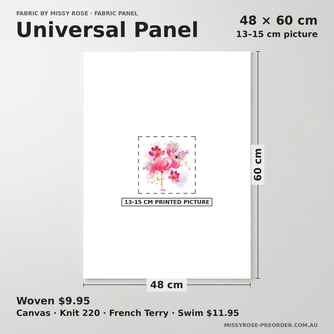 Design 1004 Pink Flamingo Panel universal panel sizing – 13–15 cm printed picture on 48 × 60 cm fabric | Fabric by Missy Rose