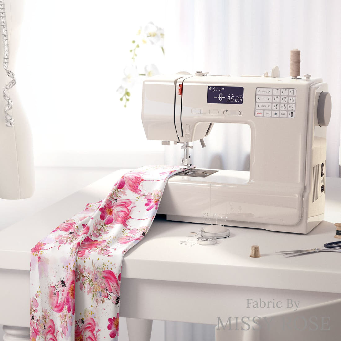 Design 1004 Pink Flamingo Fabric on a sewing machine – premium fabric for sewing projects | Fabric by Missy Rose