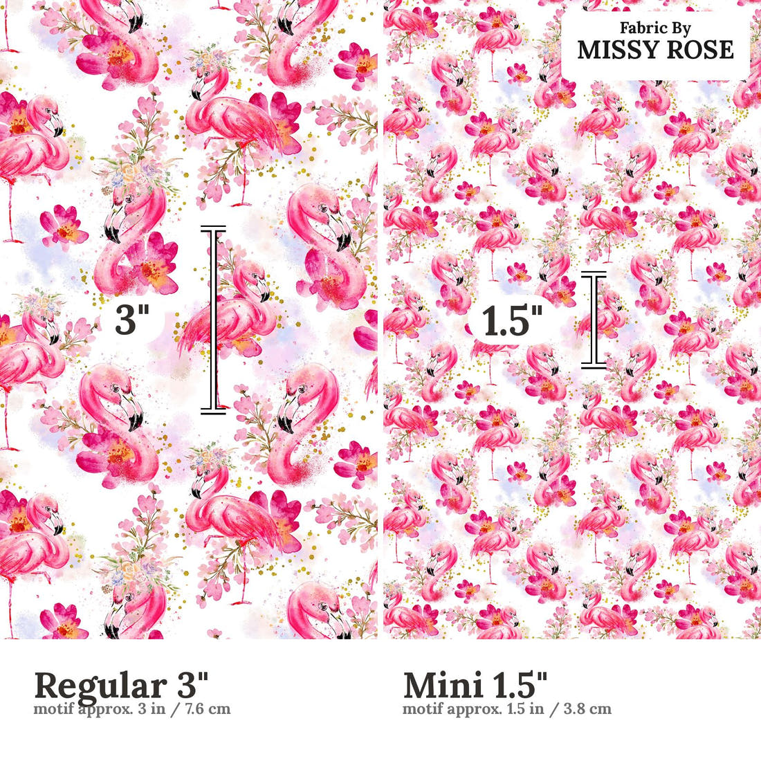Design 1004 Pink Flamingo Fabric Regular 3 inch vs Mini 1.5 inch print scale side by side | Fabric by Missy Rose