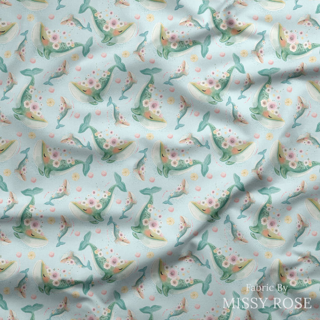 Design 1005 Floral Whale Fabric draped fabric mockup – custom printed fabric by the metre | Fabric by Missy Rose