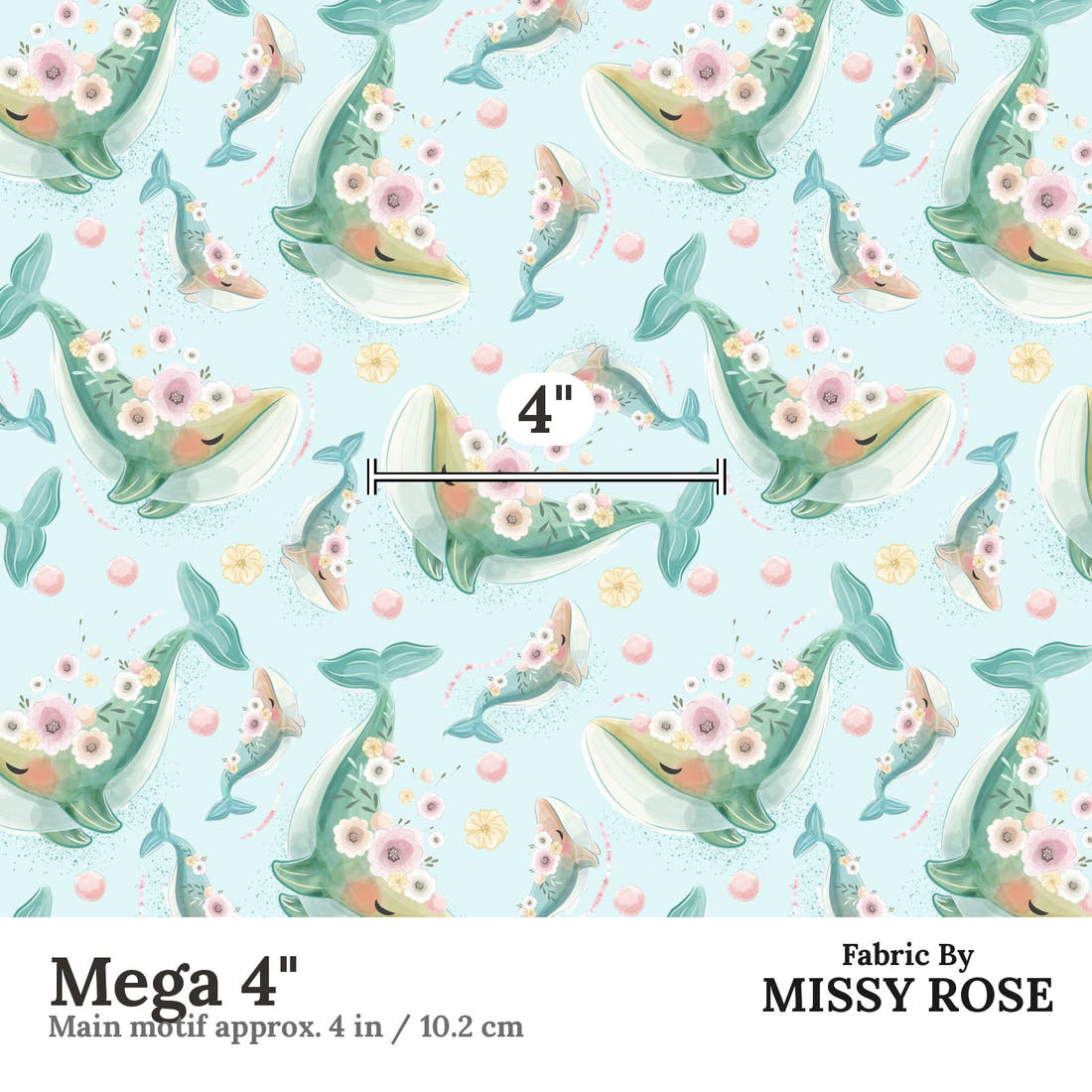 Design 1005 Floral Whale Fabric Mega 4 inch print scale guide | Fabric by Missy Rose