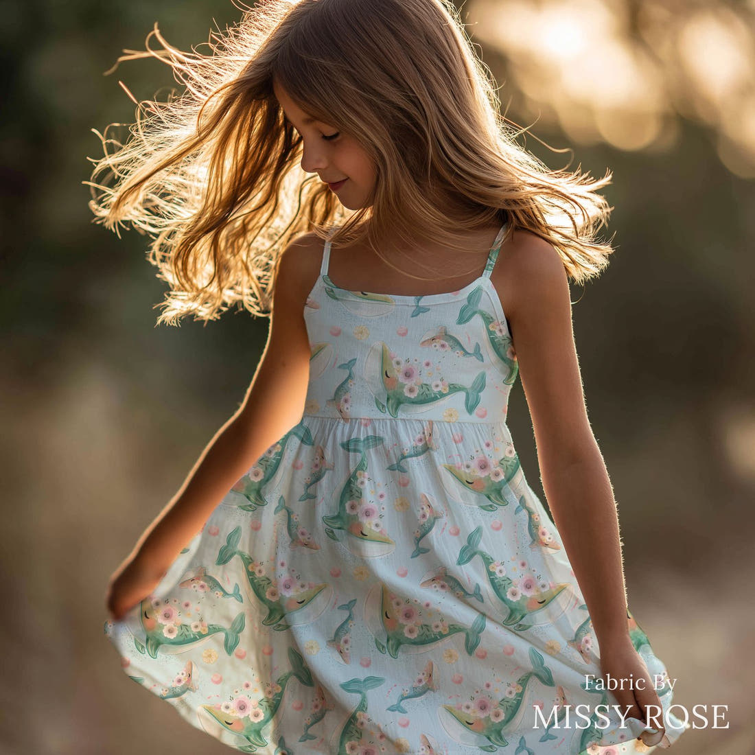 Design 1005 Floral Whale Fabric sewn into a girls' dress – see how the print looks made up | Fabric by Missy Rose