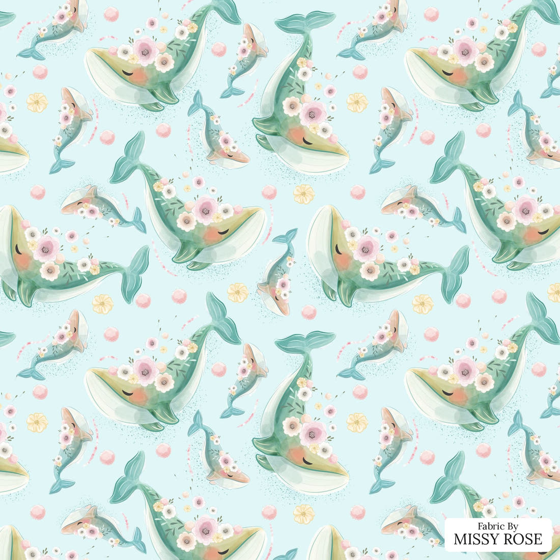 Design 1005 Floral Whale Fabric – flat view of the print, zoom in for detail | Fabric by Missy Rose