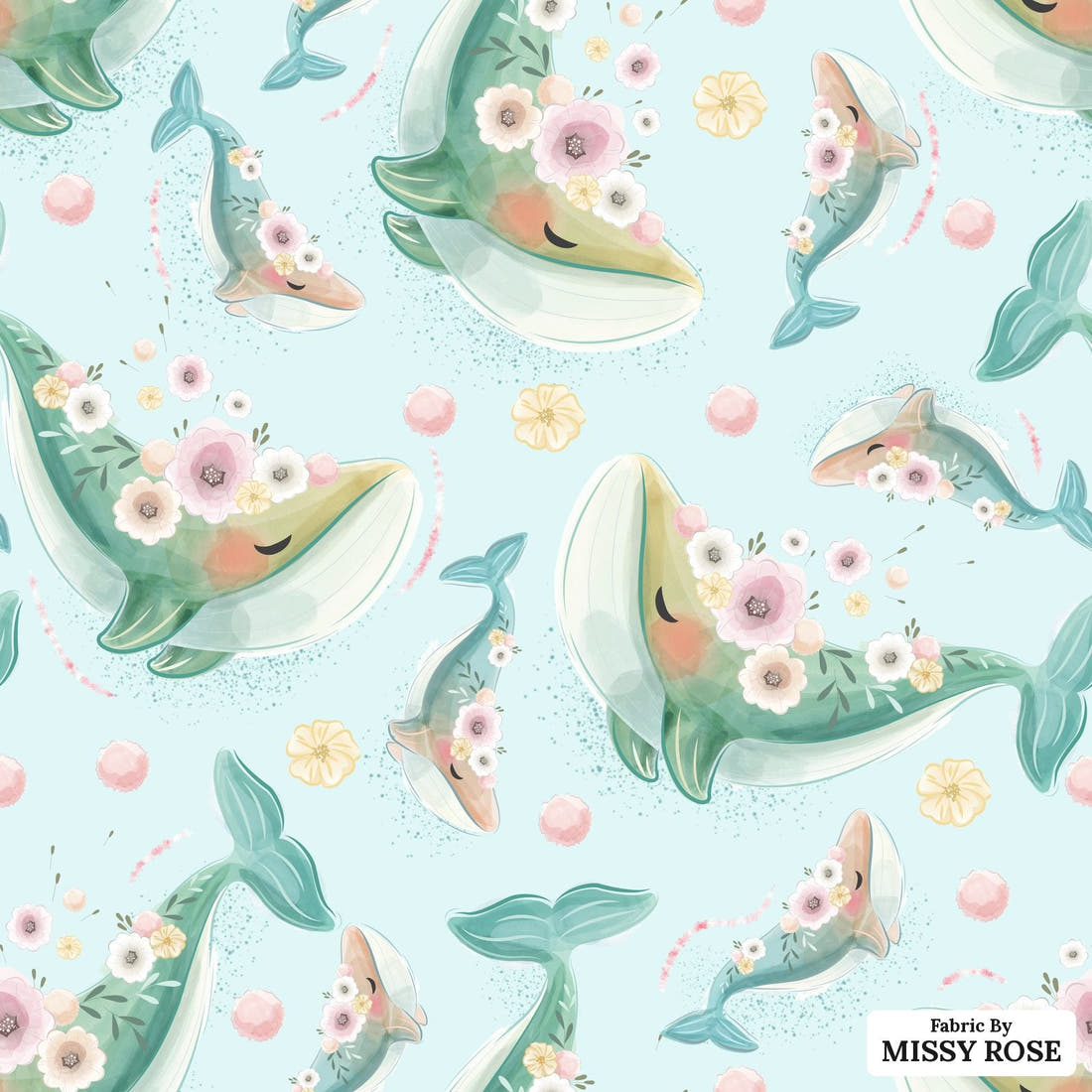 Design 1005 Floral Whale Fabric – flat view of the print, zoom in for detail | Fabric by Missy Rose