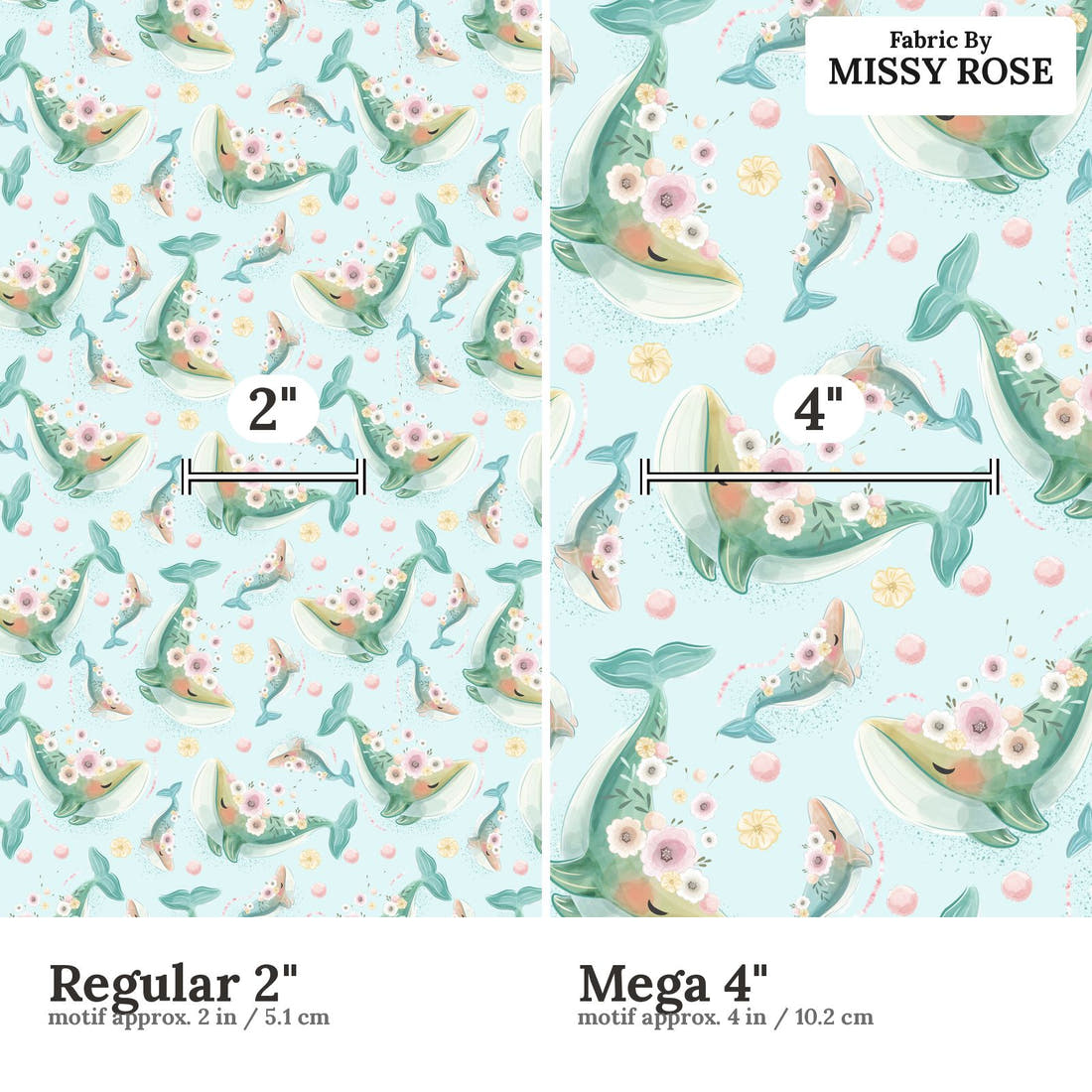 Design 1005 Floral Whale Fabric Regular 2 inch vs Mega 4 inch print scale side by side | Fabric by Missy Rose