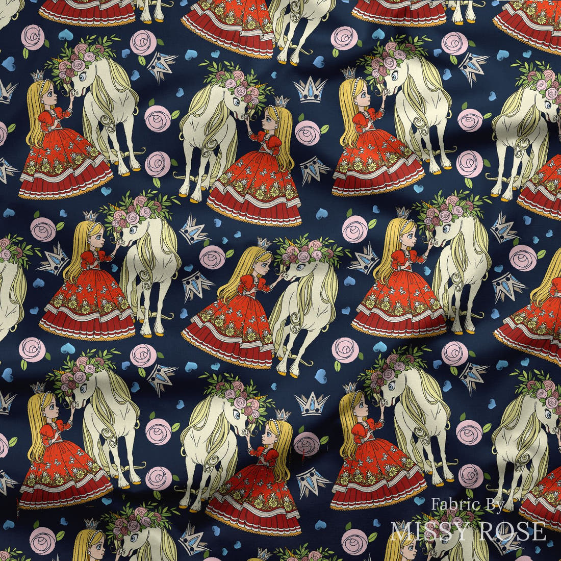 Design 1006 Unicorn Princess Fabric draped fabric mockup – custom printed fabric by the metre | Fabric by Missy Rose