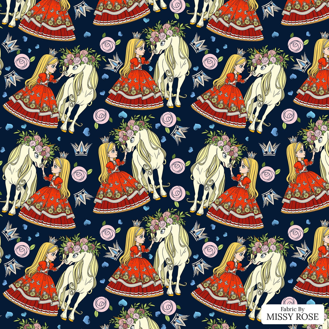 Design 1006 Unicorn Princess Fabric – flat view of the print, zoom in for detail | Fabric by Missy Rose