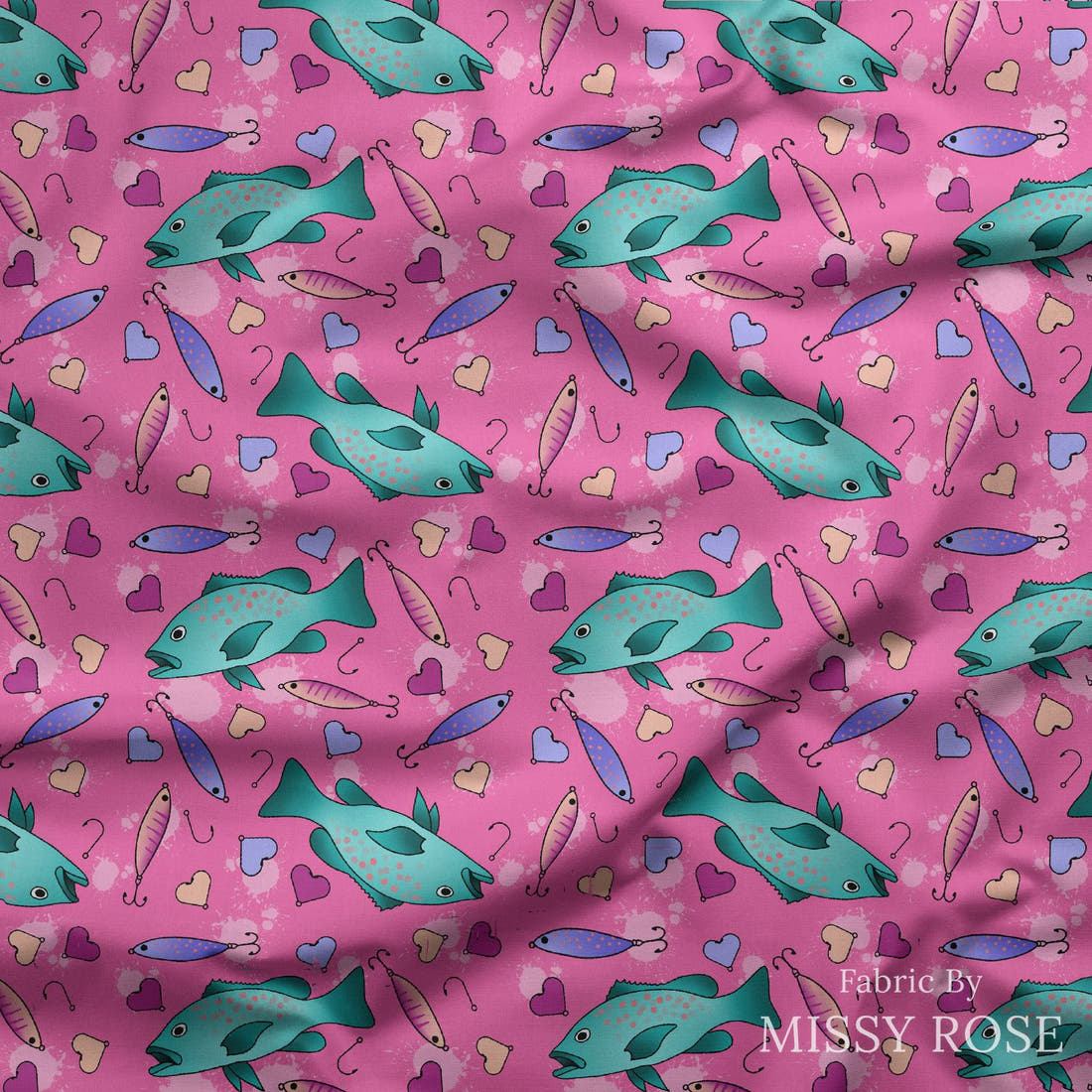 Design 1007 Pink Fish Fabric draped fabric mockup – custom printed fabric by the metre | Fabric by Missy Rose