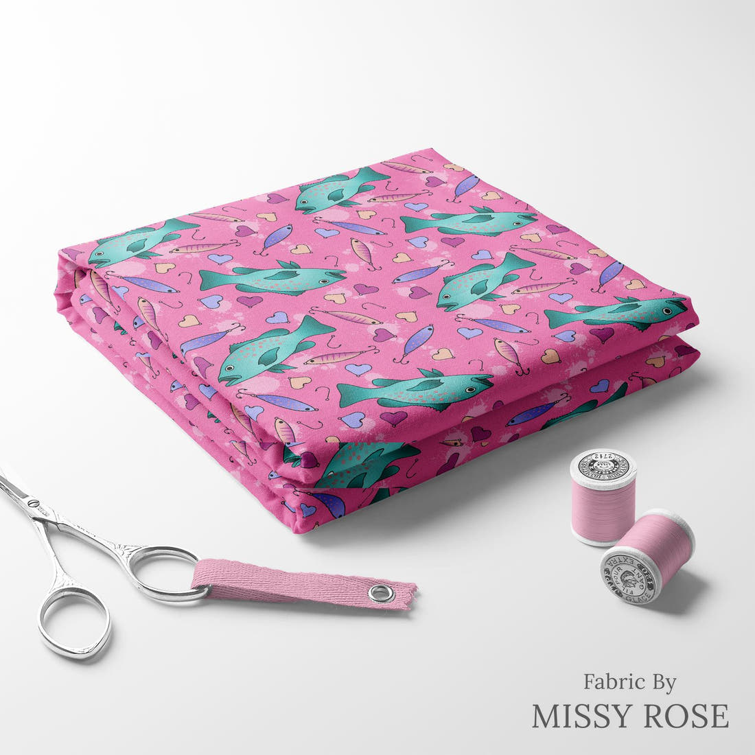 Design 1007 Pink Fish Fabric folded fabric stack with matching thread – pre-order fabric Australia | Fabric by Missy Rose