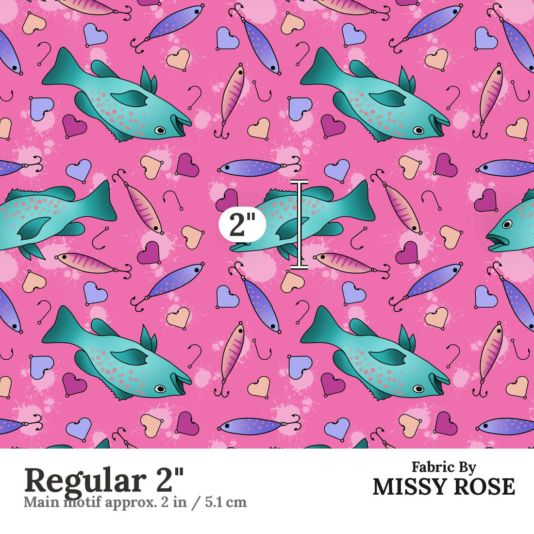 Design 1007 Pink Fish Fabric Regular 2 inch print scale guide | Fabric by Missy Rose