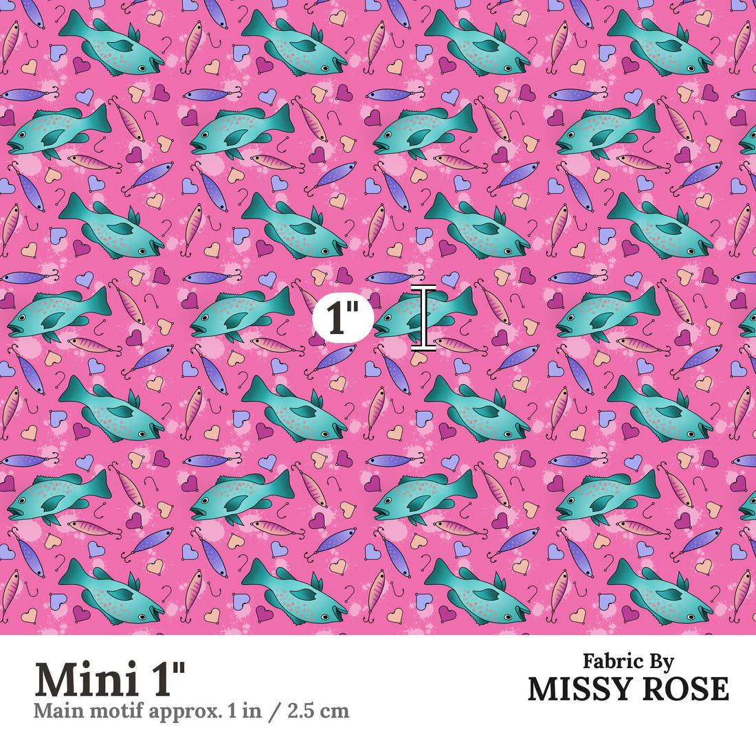 Design 1007 Pink Fish Fabric Mini 1 inch print scale guide | Fabric by Missy Rose