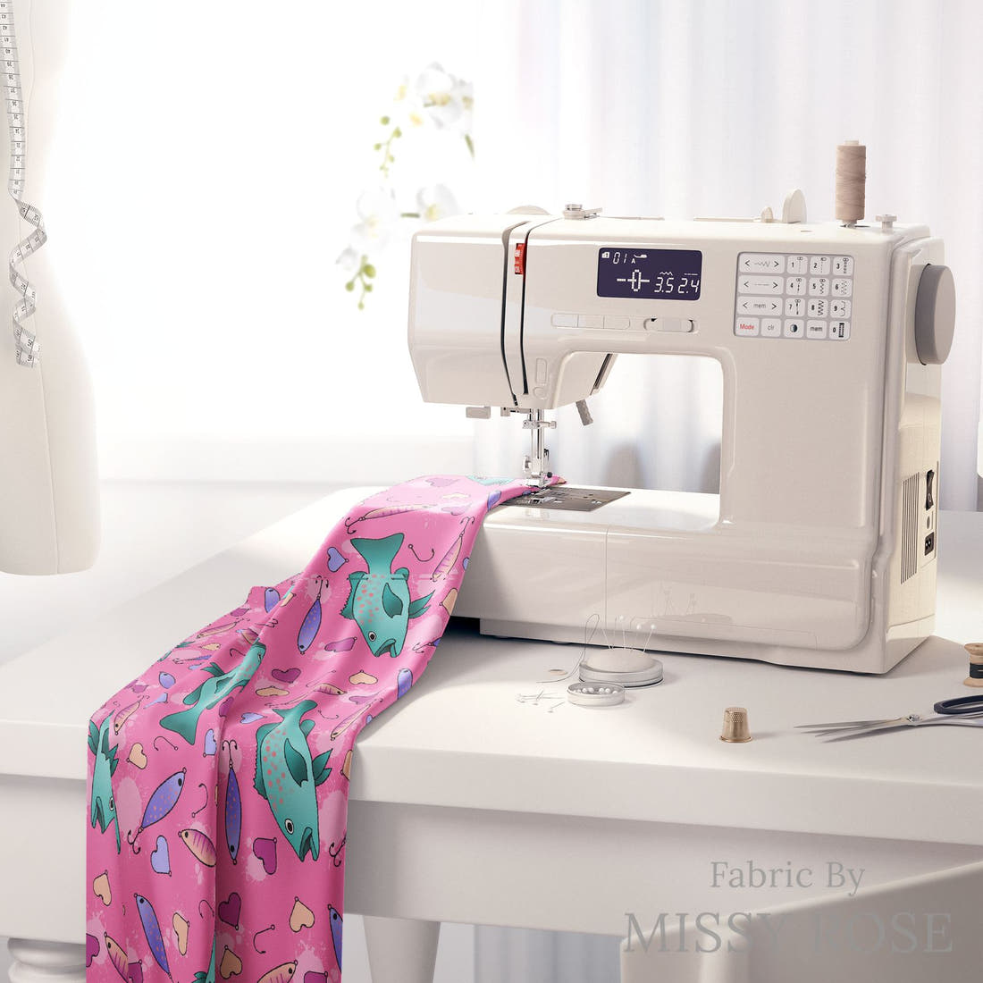 Design 1007 Pink Fish Fabric on a sewing machine – premium fabric for sewing projects | Fabric by Missy Rose