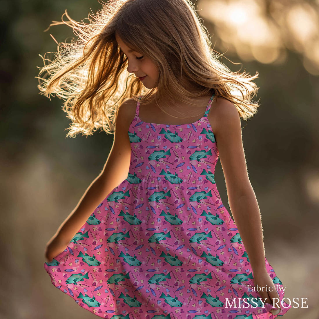Design 1007 Pink Fish Fabric sewn into a girls' dress – see how the print looks made up | Fabric by Missy Rose
