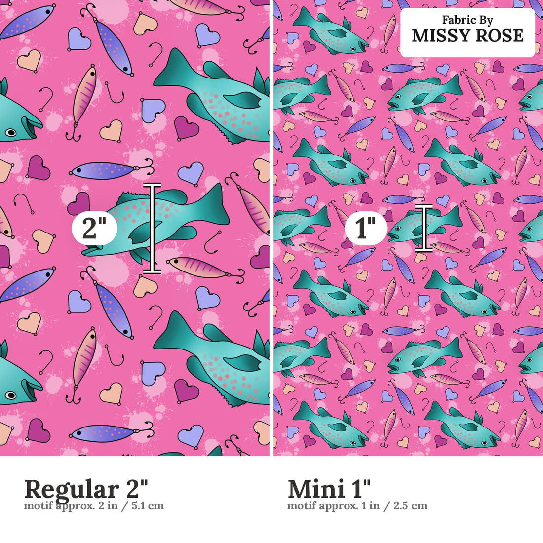 Design 1007 Pink Fish Fabric Regular 2 inch vs Mini 1 inch print scale side by side | Fabric by Missy Rose