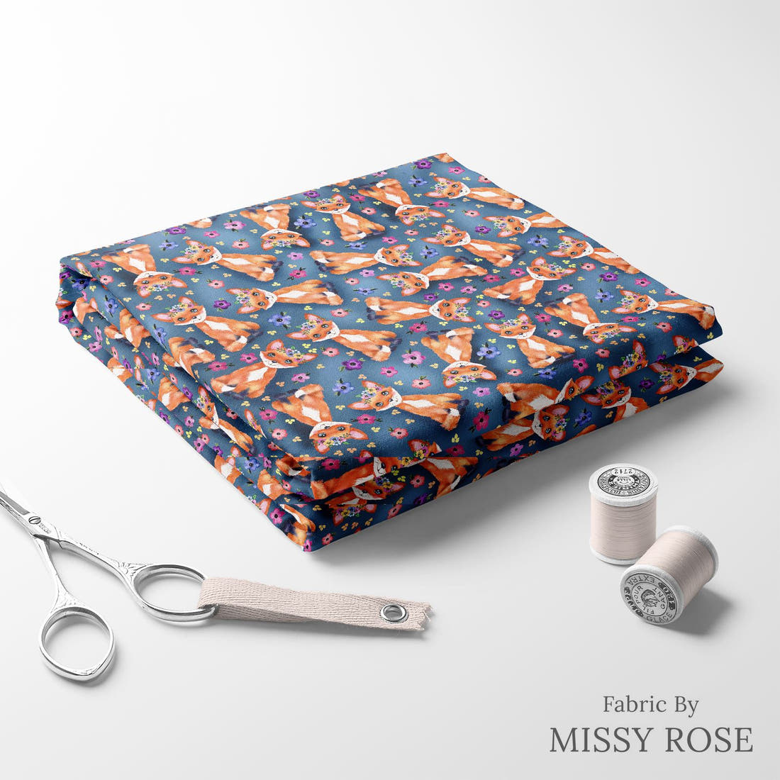 Design 1008 Navy Fox Fabric folded fabric stack with matching thread – pre-order fabric Australia | Fabric by Missy Rose