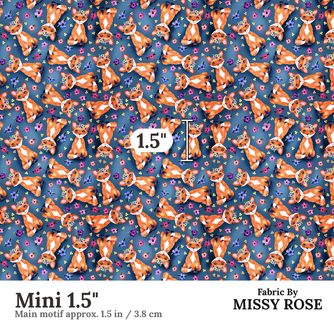 Design 1008 Navy Fox Fabric Mini 1.5 inch print scale guide | Fabric by Missy Rose