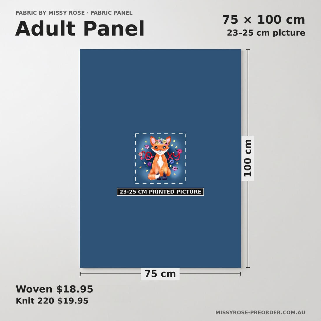 Design 1008 Navy Fox Panel adult panel sizing – 23–25 cm printed picture on 75 × 100 cm fabric | Fabric by Missy Rose