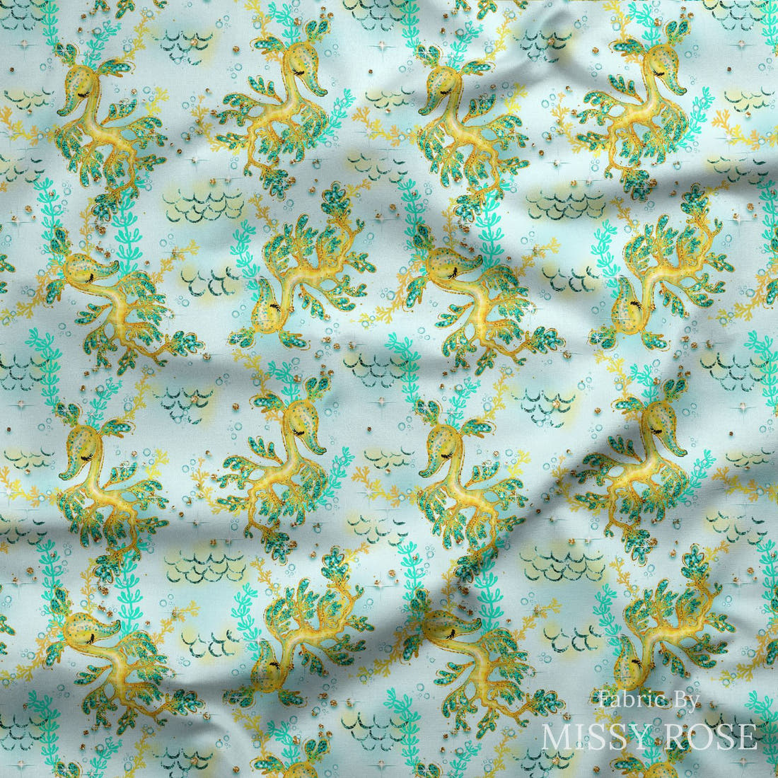Design 1009 Leafy Sea Dragon Fabric draped fabric mockup – custom printed fabric by the metre | Fabric by Missy Rose