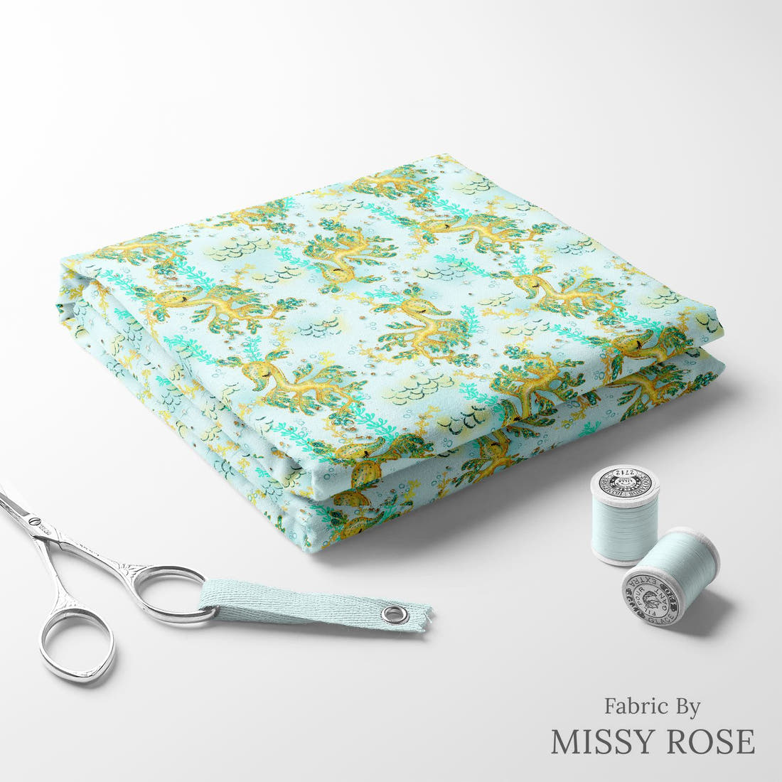 Design 1009 Leafy Sea Dragon Fabric folded fabric stack with matching thread – pre-order fabric Australia | Fabric by Missy Rose
