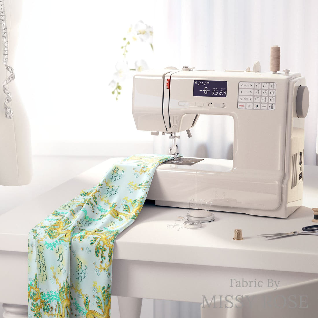 Design 1009 Leafy Sea Dragon Fabric on a sewing machine – premium fabric for sewing projects | Fabric by Missy Rose