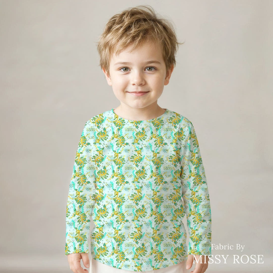 Design 1009 Leafy Sea Dragon Fabric sewn into a kids' long sleeve top – see how the print looks made up | Fabric by Missy Rose