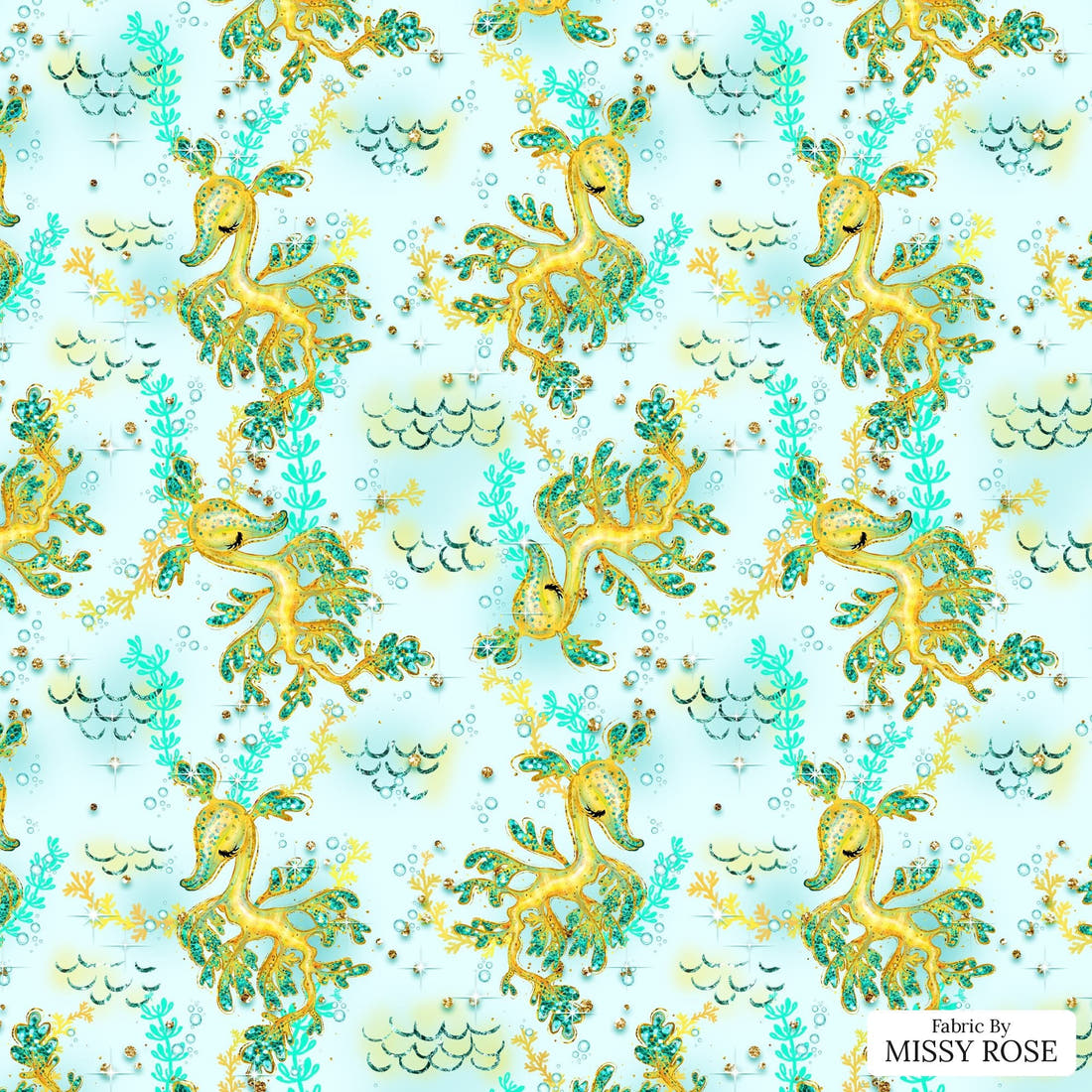 Design 1009 Leafy Sea Dragon Fabric – flat view of the print, zoom in for detail | Fabric by Missy Rose
