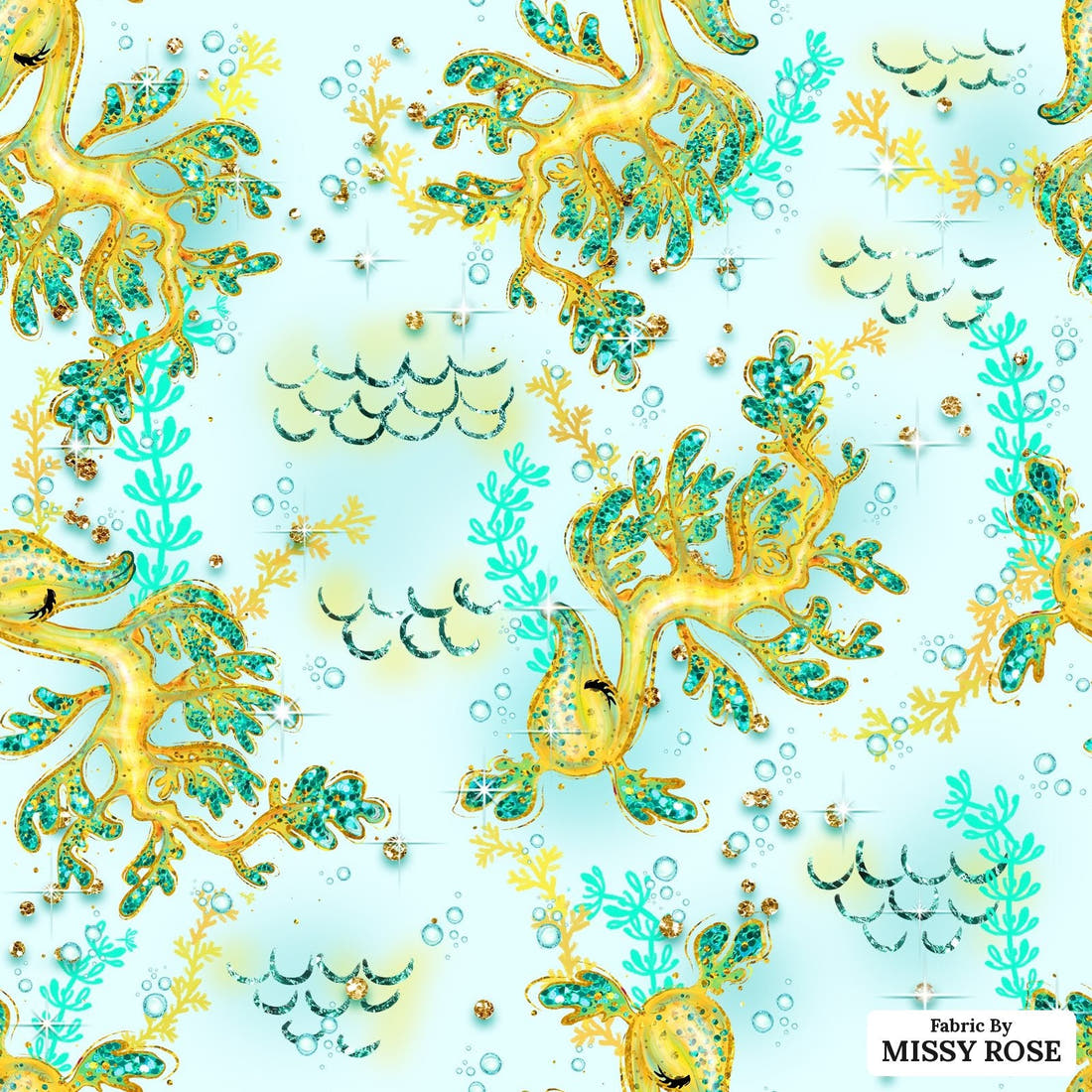Design 1009 Leafy Sea Dragon Fabric – flat view of the print, zoom in for detail | Fabric by Missy Rose