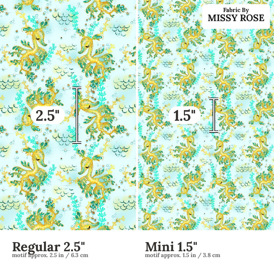 Design 1009 Leafy Sea Dragon Fabric Regular 2.5 inch vs Mini 1.5 inch print scale side by side | Fabric by Missy Rose