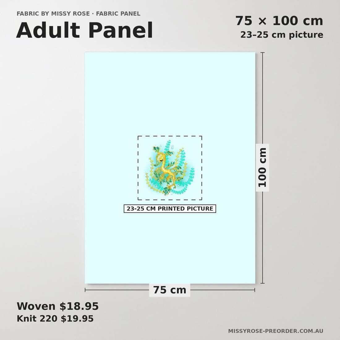 Design 1009 Leafy Sea Dragon Panel adult panel sizing – 23–25 cm printed picture on 75 × 100 cm fabric | Fabric by Missy Rose