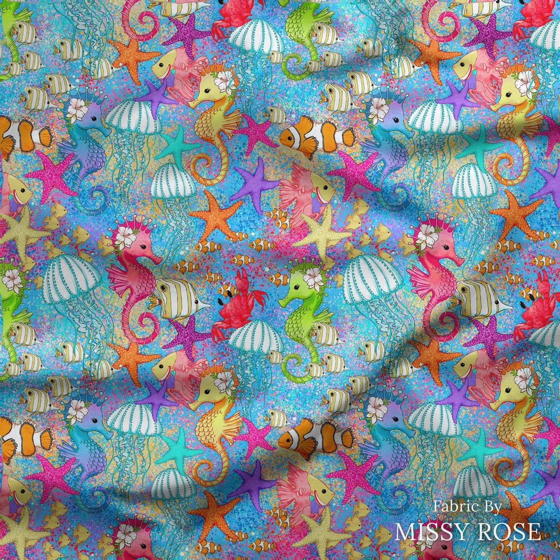 Design 101 Under Sea Fabric draped fabric mockup – custom printed fabric by the metre | Fabric by Missy Rose