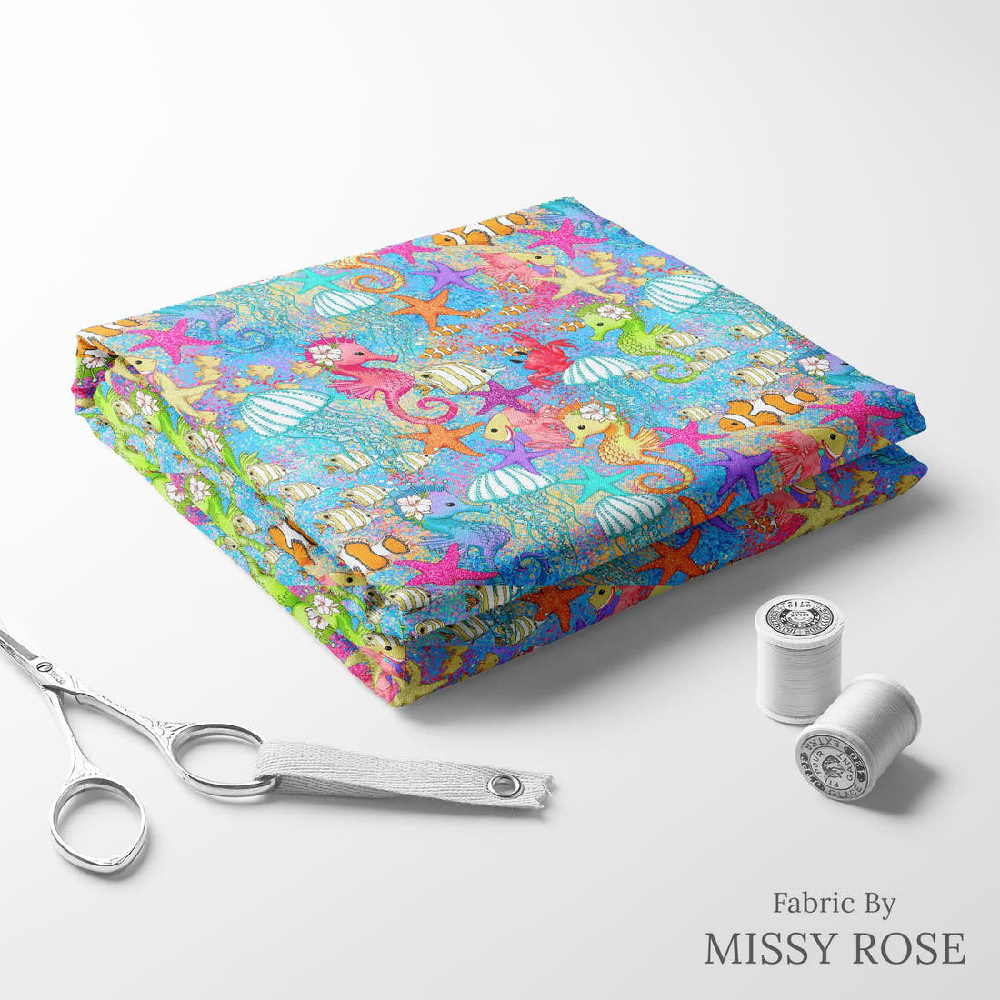 Design 101 Under Sea Fabric folded fabric stack with matching thread – pre-order fabric Australia | Fabric by Missy Rose
