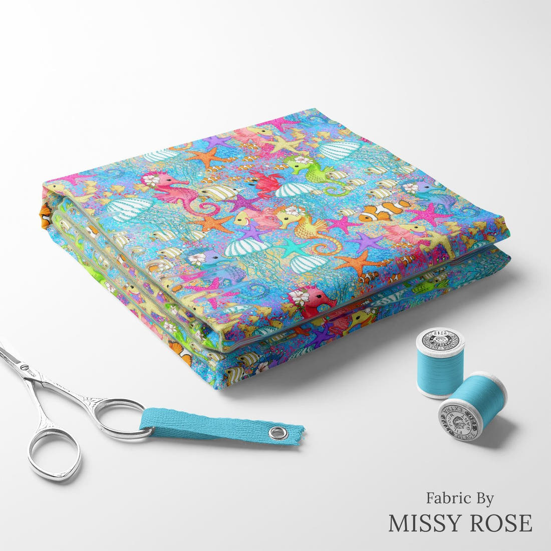Design 101 Under Sea Fabric folded fabric stack with matching thread – pre-order fabric Australia | Fabric by Missy Rose