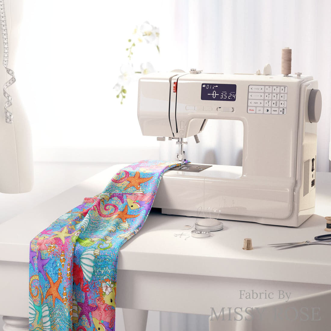 Design 101 Under Sea Fabric on a sewing machine – premium fabric for sewing projects | Fabric by Missy Rose