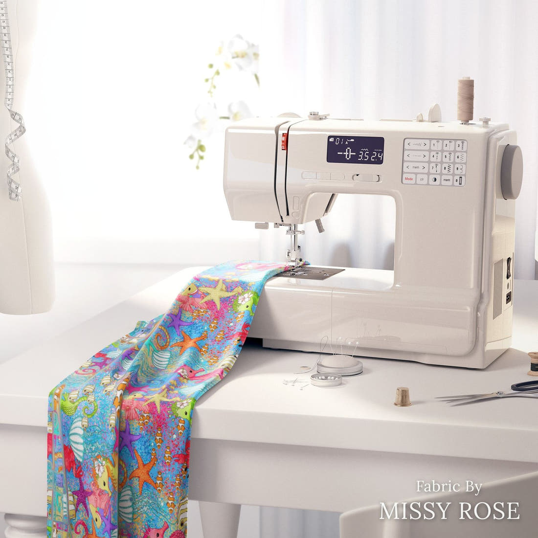 Design 101 Under Sea Fabric on a sewing machine – premium fabric for sewing projects | Fabric by Missy Rose