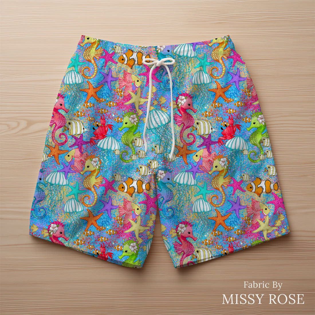 Design 101 Under Sea Fabric sewn into swim shorts – see how the print looks made up | Fabric by Missy Rose