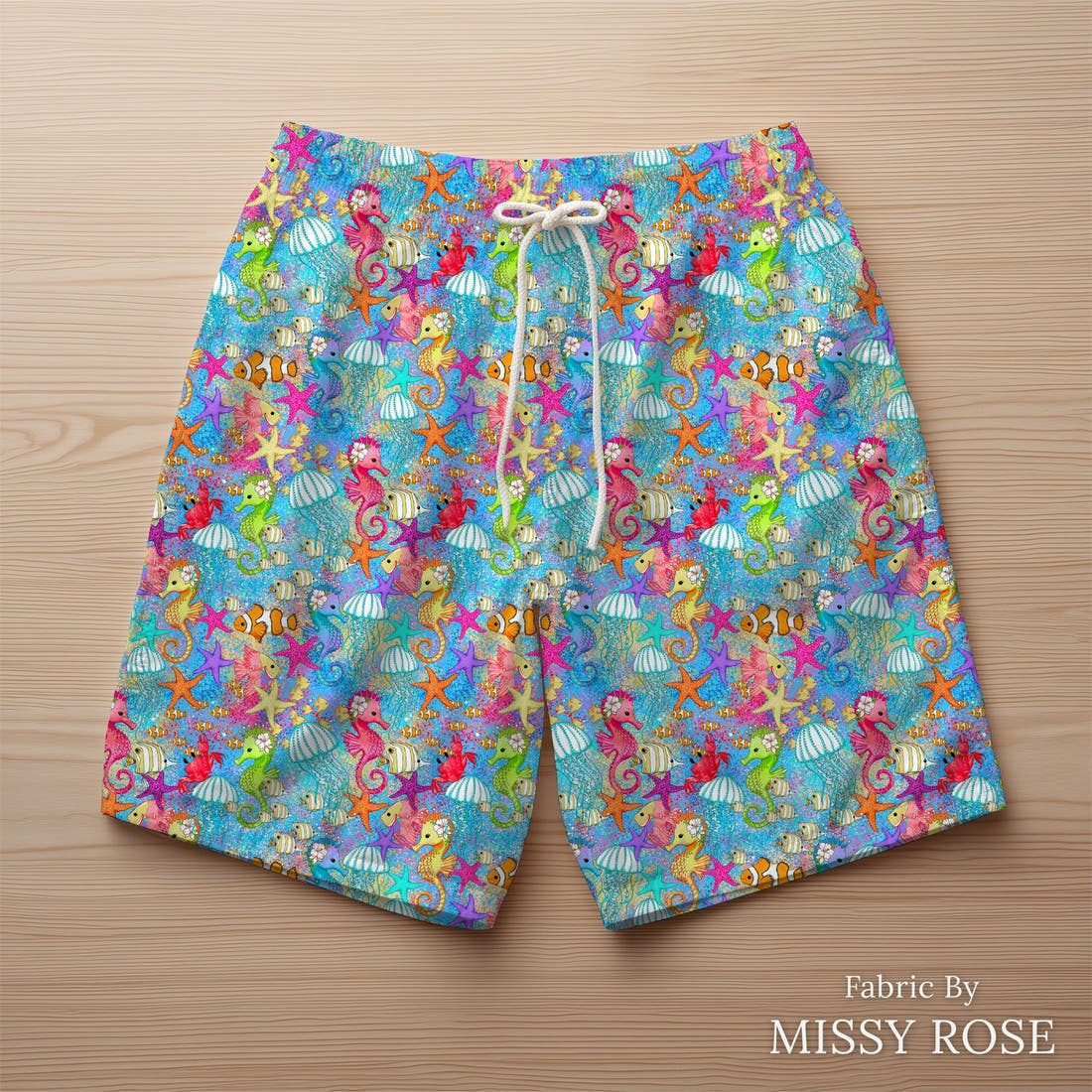 Design 101 Under Sea Fabric sewn into swim shorts – see how the print looks made up | Fabric by Missy Rose