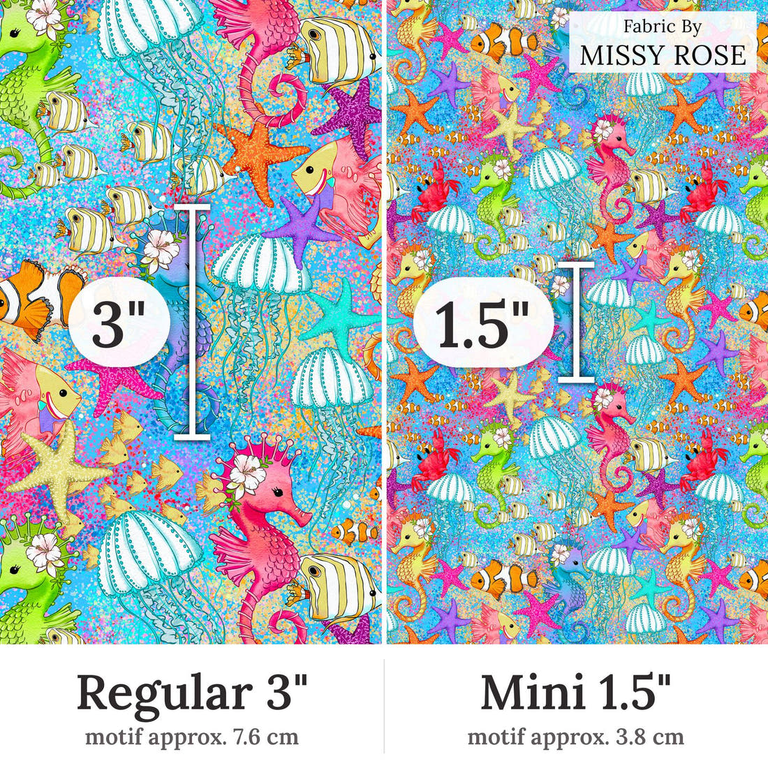 Design 101 Under Sea Fabric Regular 3 inch vs Mini 1.5 inch print scale side by side | Fabric by Missy Rose