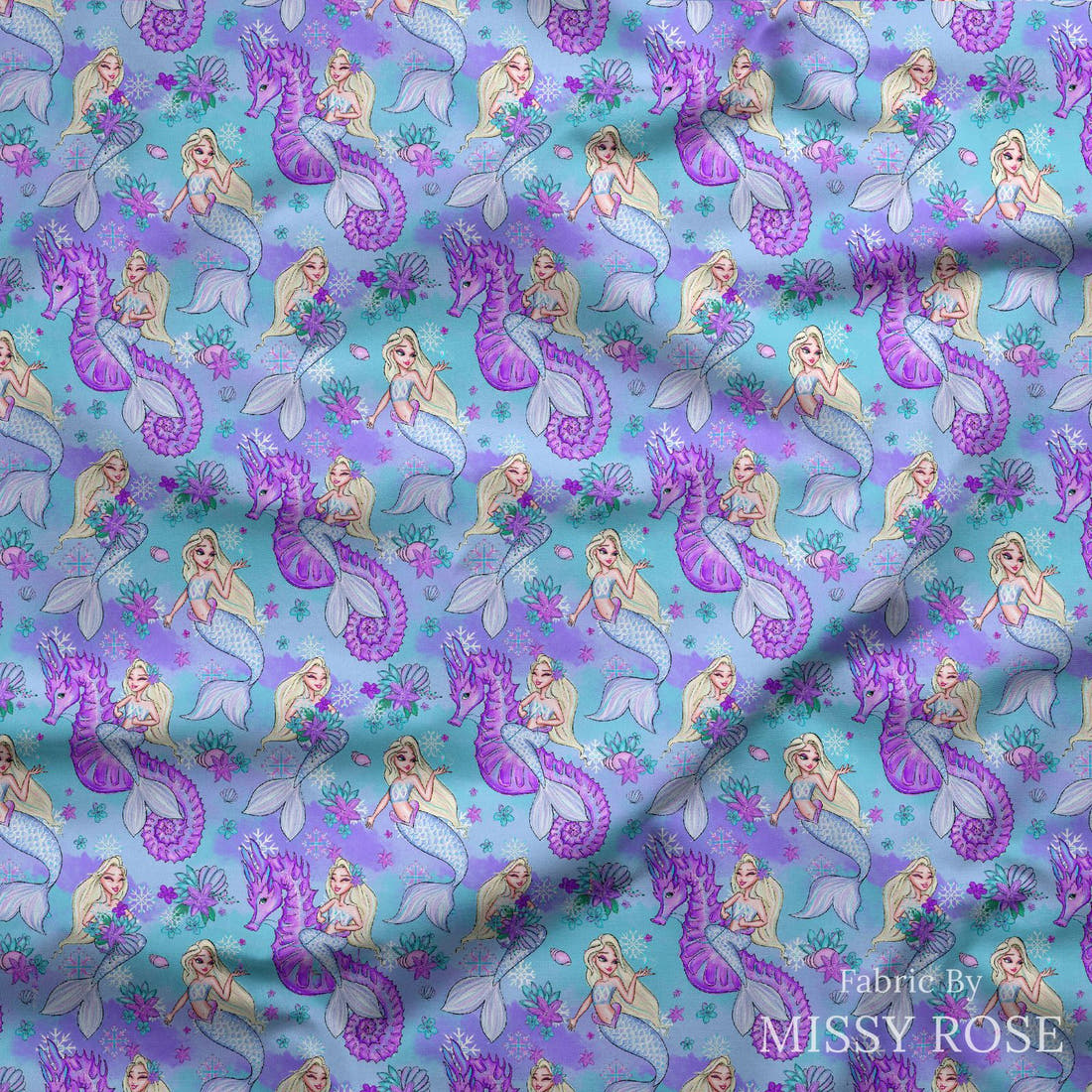 Design 1010 Mermaid Fabric draped fabric mockup – custom printed fabric by the metre | Fabric by Missy Rose