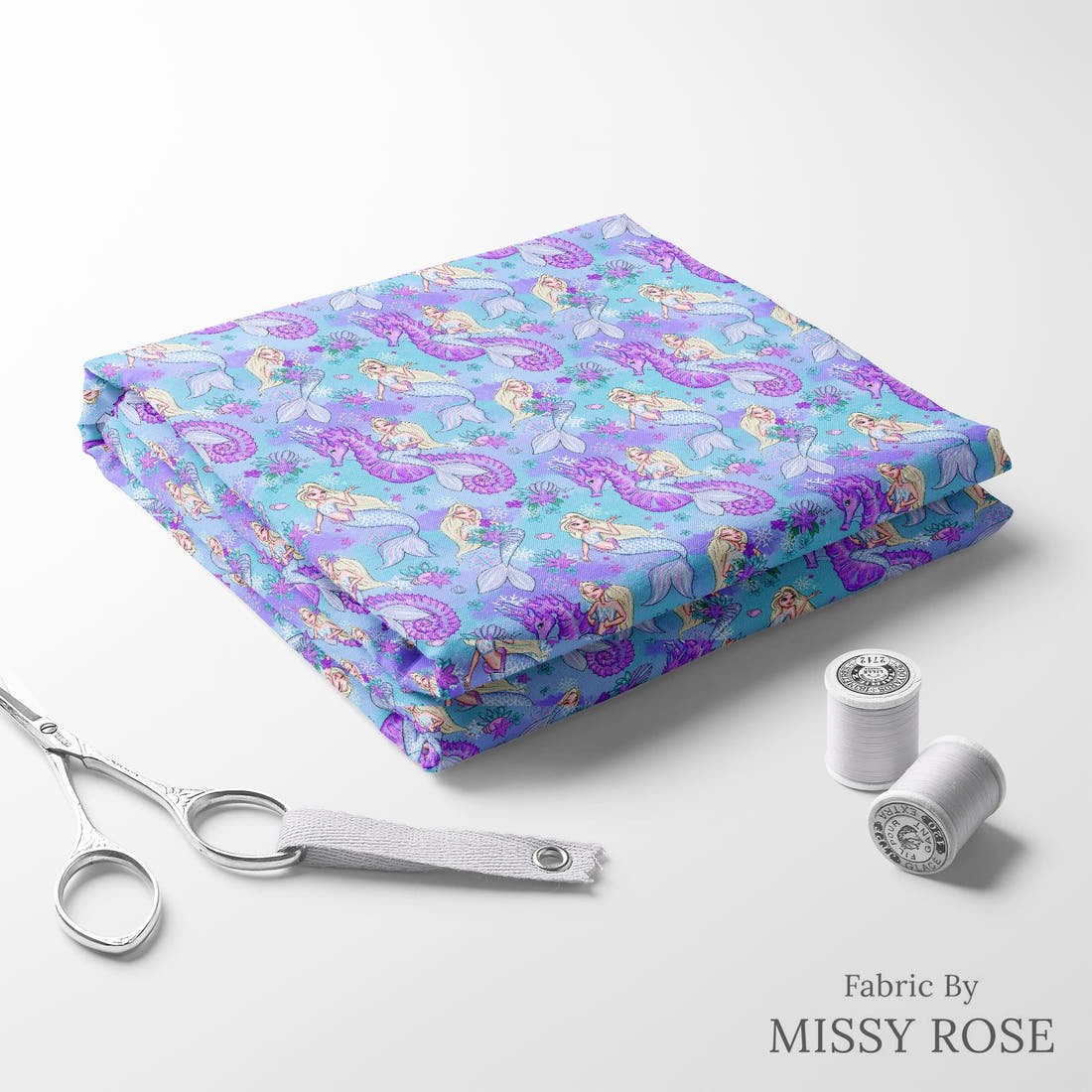 Design 1010 Mermaid Fabric folded fabric stack with matching thread – pre-order fabric Australia | Fabric by Missy Rose