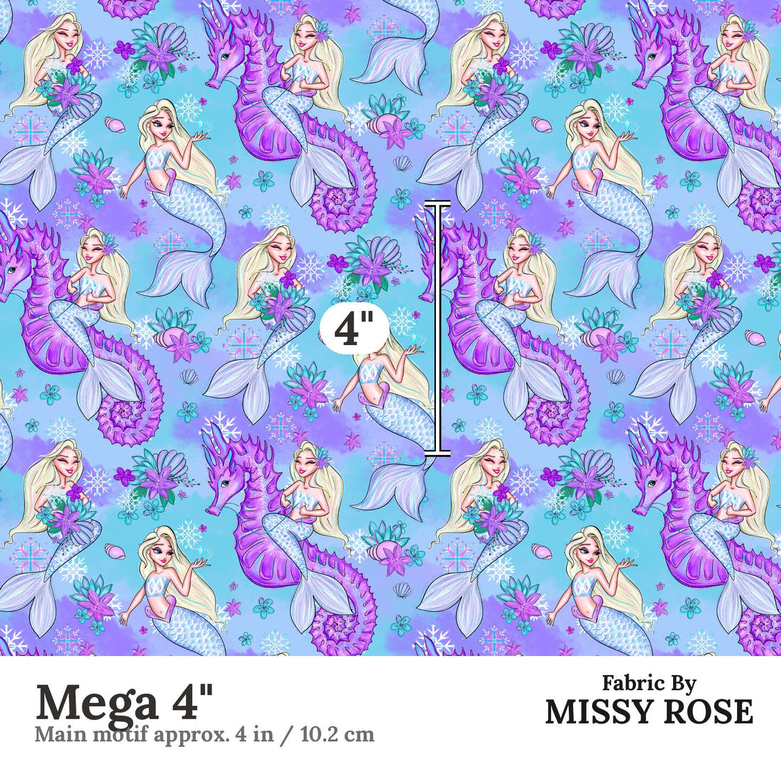 Design 1010 Mermaid Fabric Mega 4 inch print scale guide | Fabric by Missy Rose