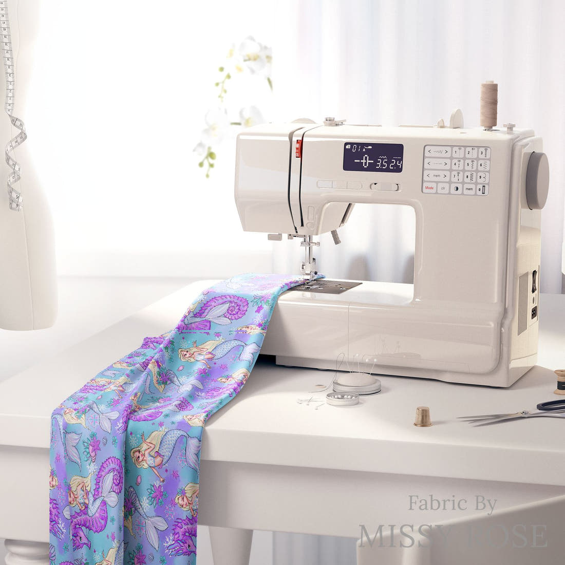 Design 1010 Mermaid Fabric on a sewing machine – premium fabric for sewing projects | Fabric by Missy Rose