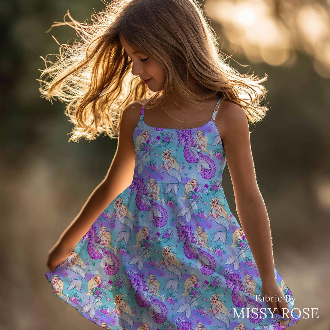 Design 1010 Mermaid Fabric sewn into a girls' dress – see how the print looks made up | Fabric by Missy Rose