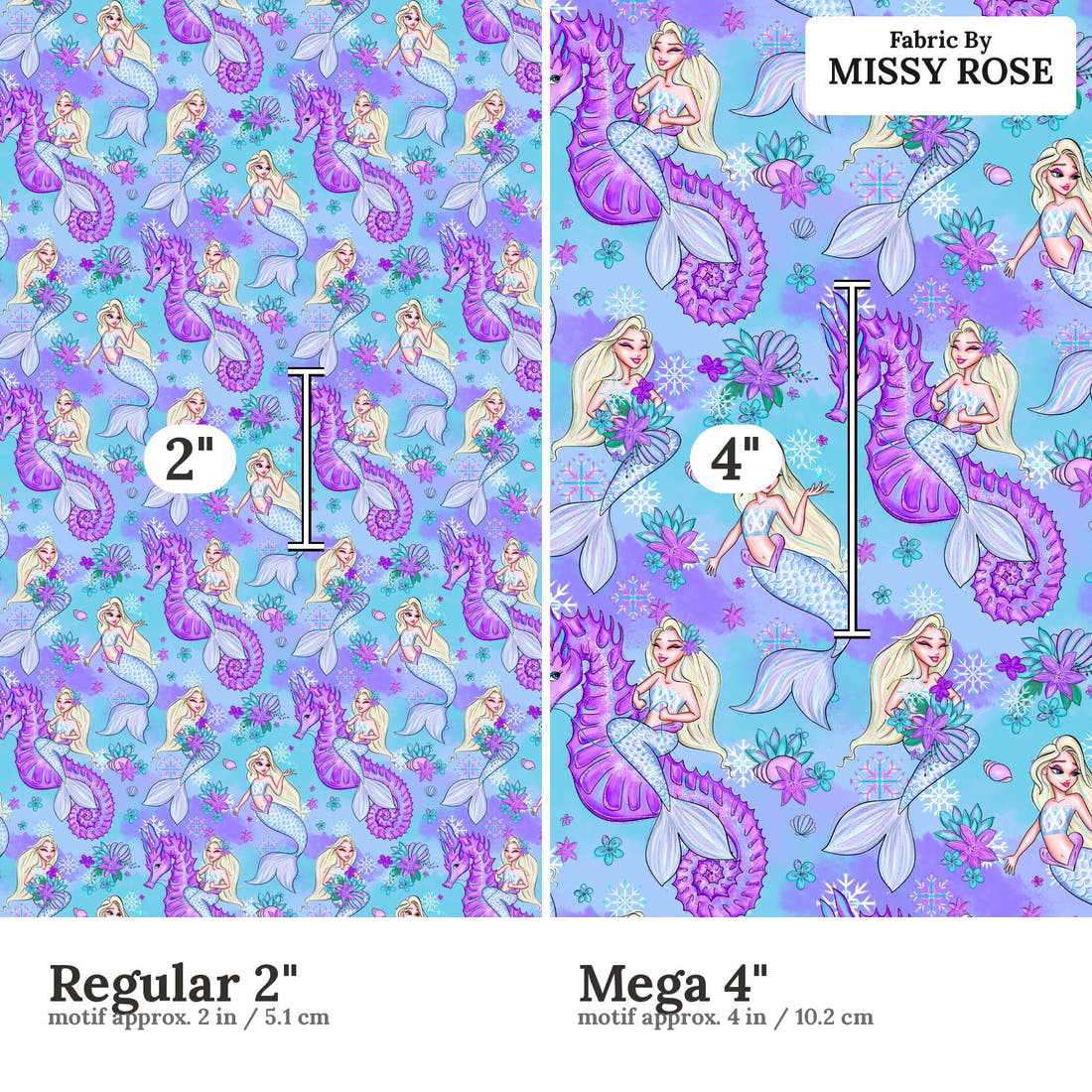 Design 1010 Mermaid Fabric Regular 2 inch vs Mega 4 inch print scale side by side | Fabric by Missy Rose
