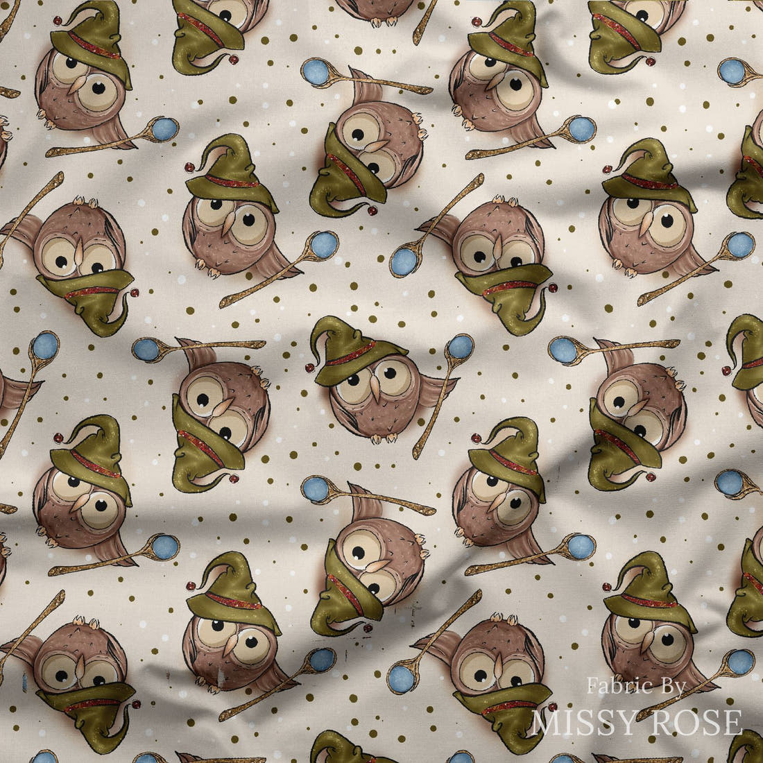Design 1011 Magical Owls Fabric draped fabric mockup – custom printed fabric by the metre | Fabric by Missy Rose