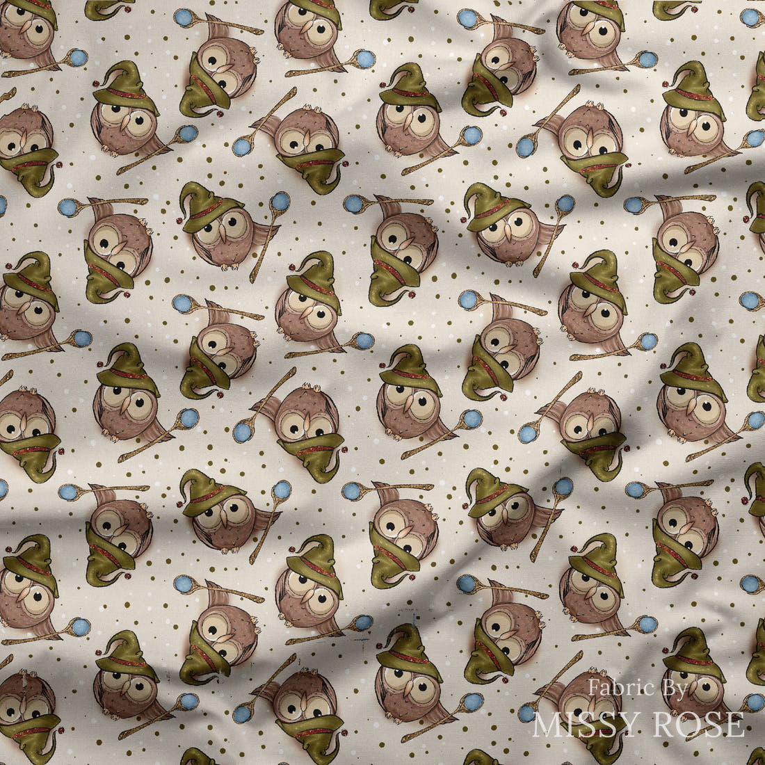 Design 1011 Magical Owls Fabric draped fabric mockup – custom printed fabric by the metre | Fabric by Missy Rose