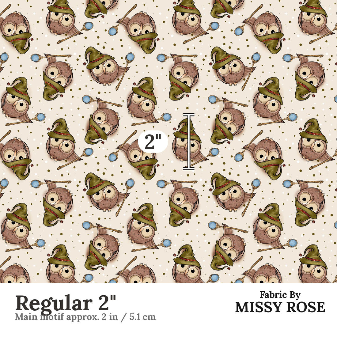 Design 1011 Magical Owls Fabric Regular 2 inch print scale guide | Fabric by Missy Rose